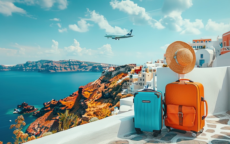 Resväskor, havsutsikt och flygplan